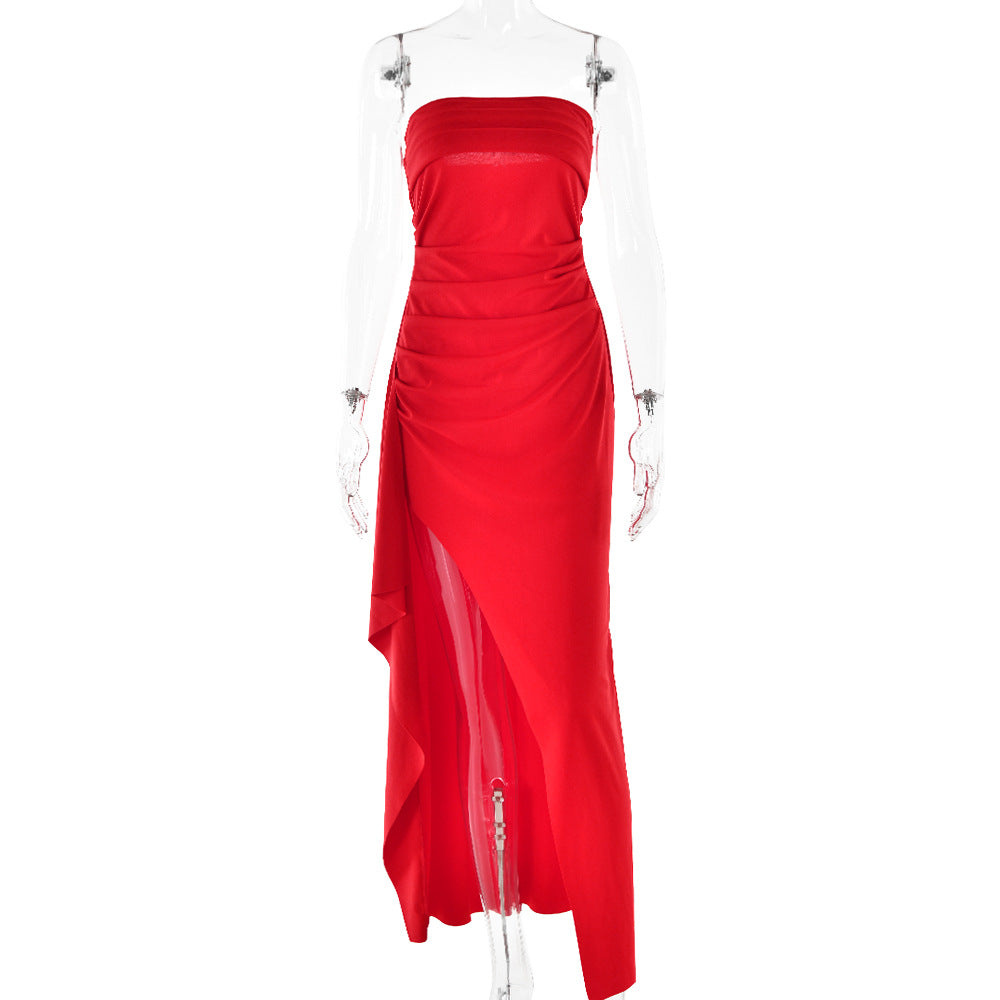 Robe longue plissée bustier – Robe de soirée de demoiselle d'honneur élégante fendue