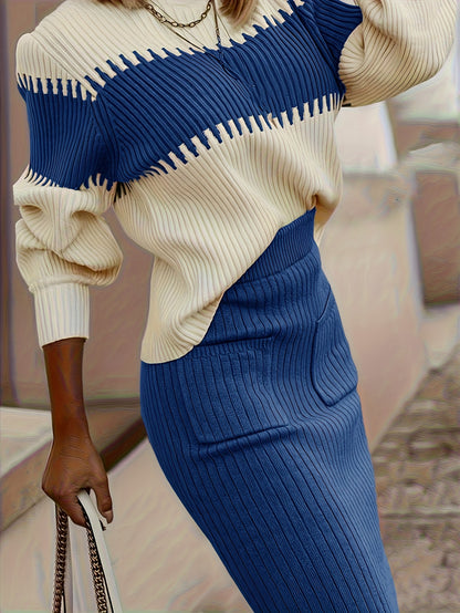 Ensemble pull à col montant et jupe color-block – Deux pièces hivernales élégantes