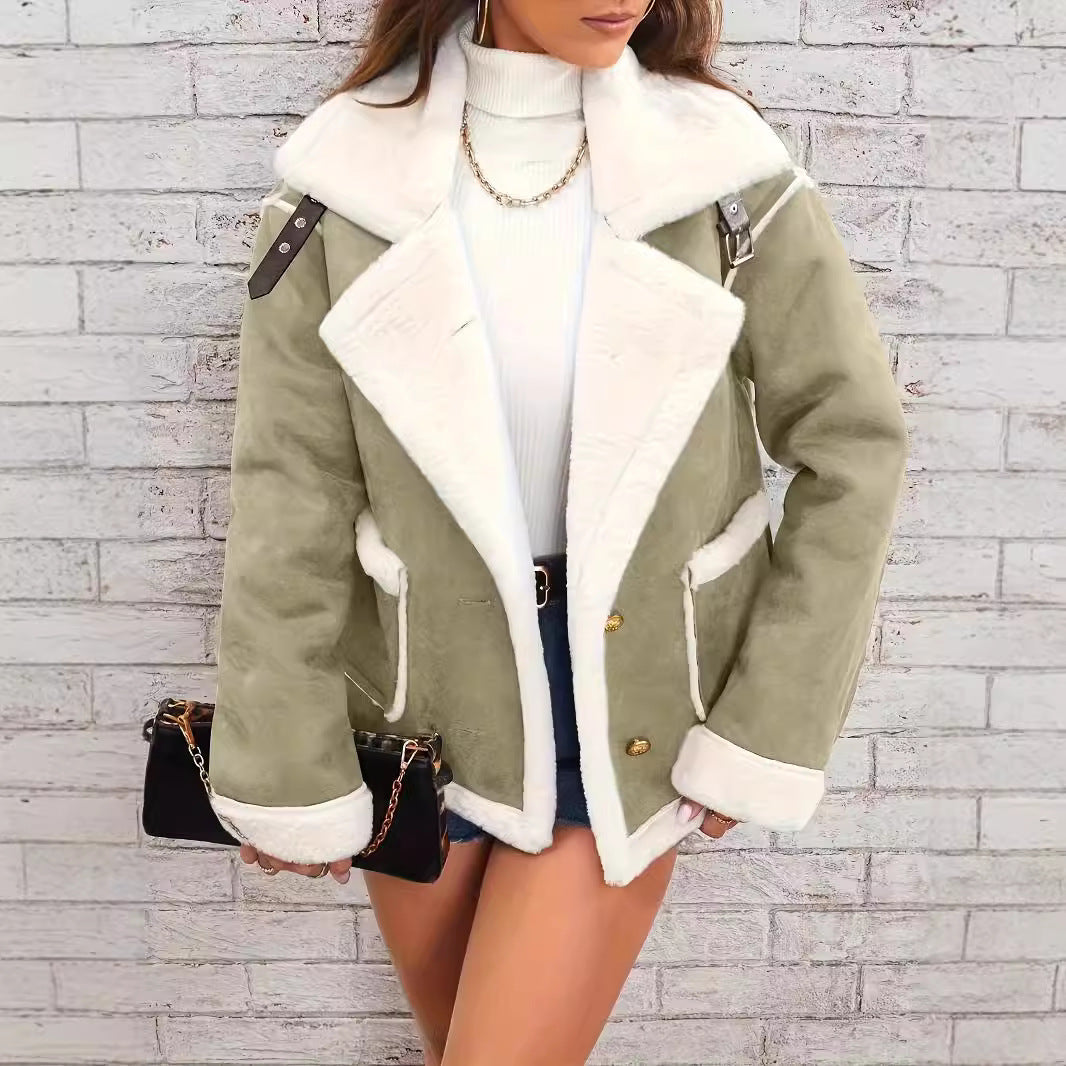 Loom & Soul™ Women’s Plush Polo Collar Jacket – Thick Winter Fleece Coat for Cozy Korean Street Style