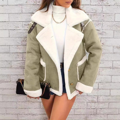 Loom & Soul™ Women’s Plush Polo Collar Jacket – Thick Winter Fleece Coat for Cozy Korean Street Style