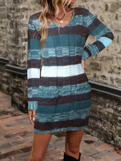 Robe pull color block pour femme – Col en V ample, tenue d'automne en maille
