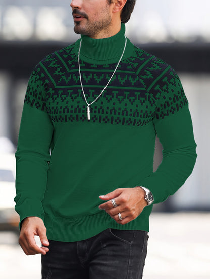 Men’s Geometric Turtleneck Sweater – Casual Knit Pullover for Fall & Winter