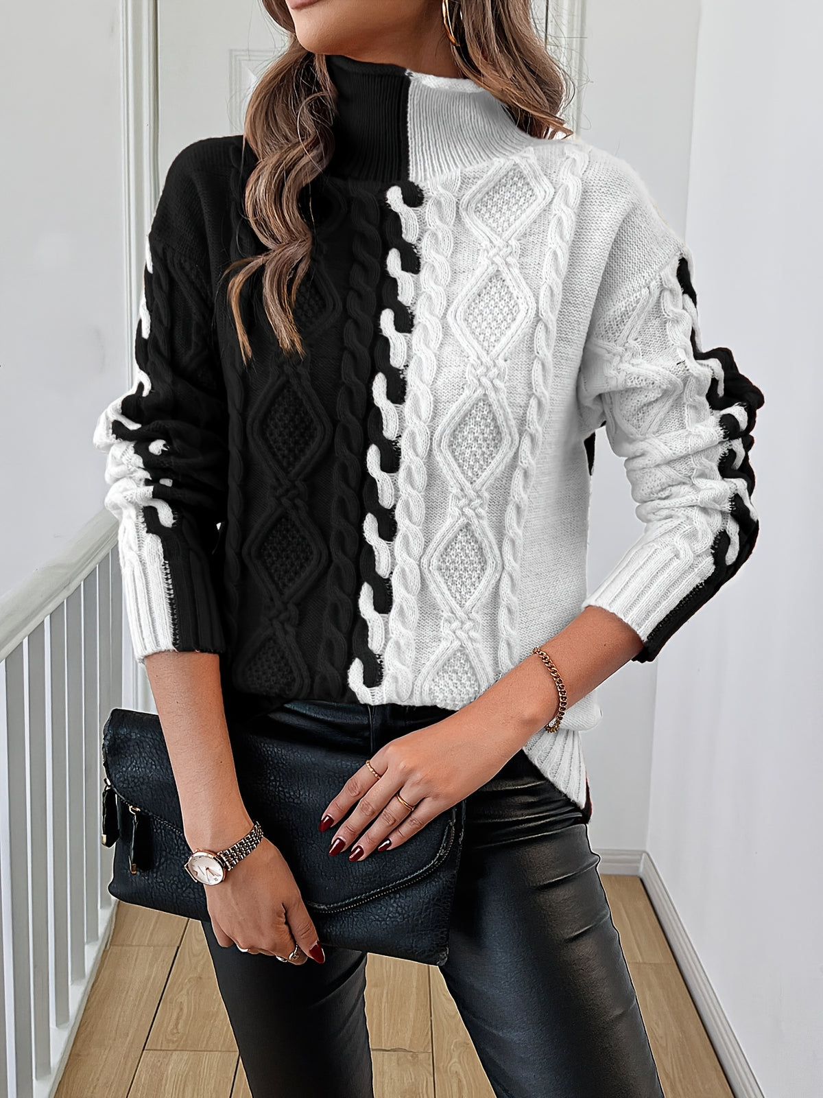 Elegant High-Neck Striped Blouse – Color-Block Knit Long Sleeve Top