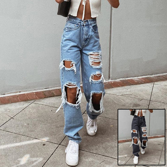 Loom & Soul™ Classic Washed Denim Jeans – Women’s Mid-Waist Straight-Leg Pants with Frayed Detail