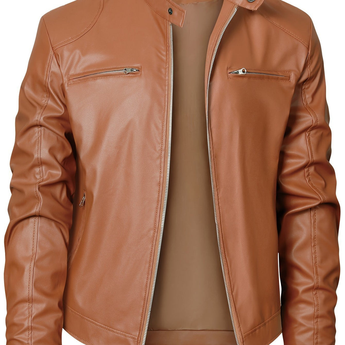 Veste de moto zippée pour homme – Col montant en cuir PU marron