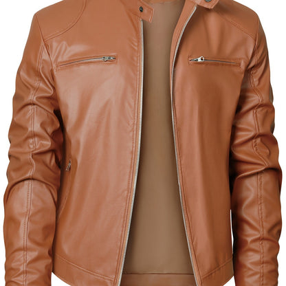 Veste de moto zippée pour homme – Col montant en cuir PU marron