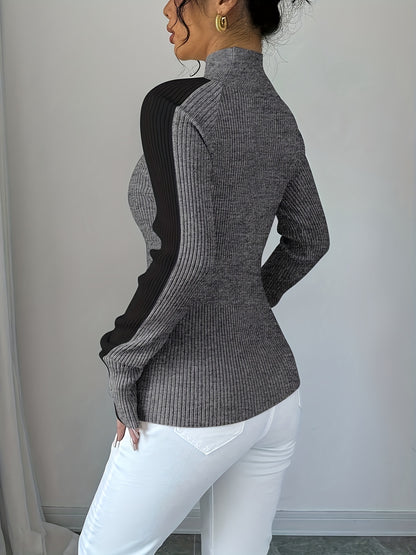 Women’s Color Block Turtleneck Sweater – Elegant Soft Knit Top