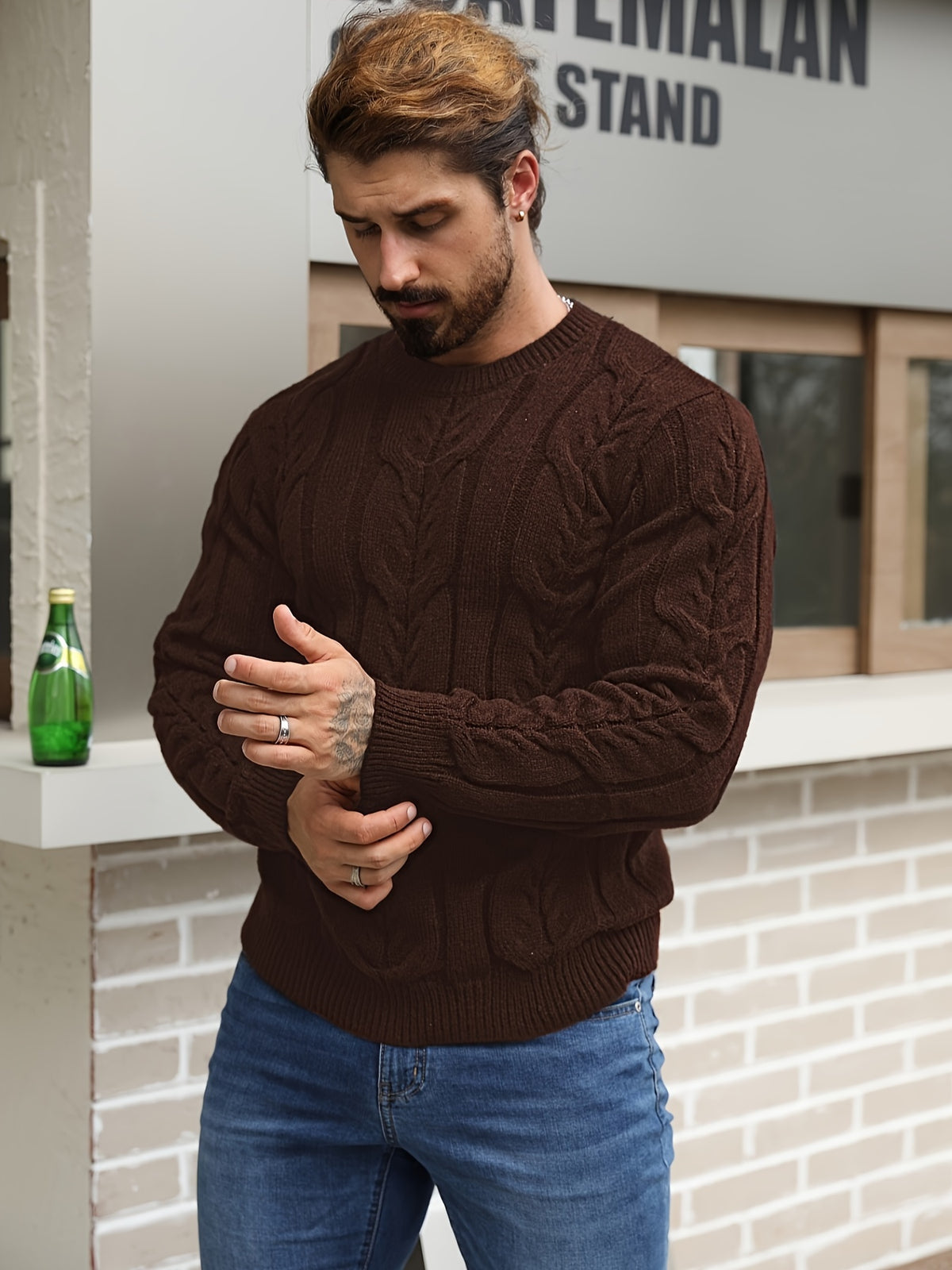 Suéter de punto a rayas para hombre – Suéter suave con cuello redondo y ribete acanalado