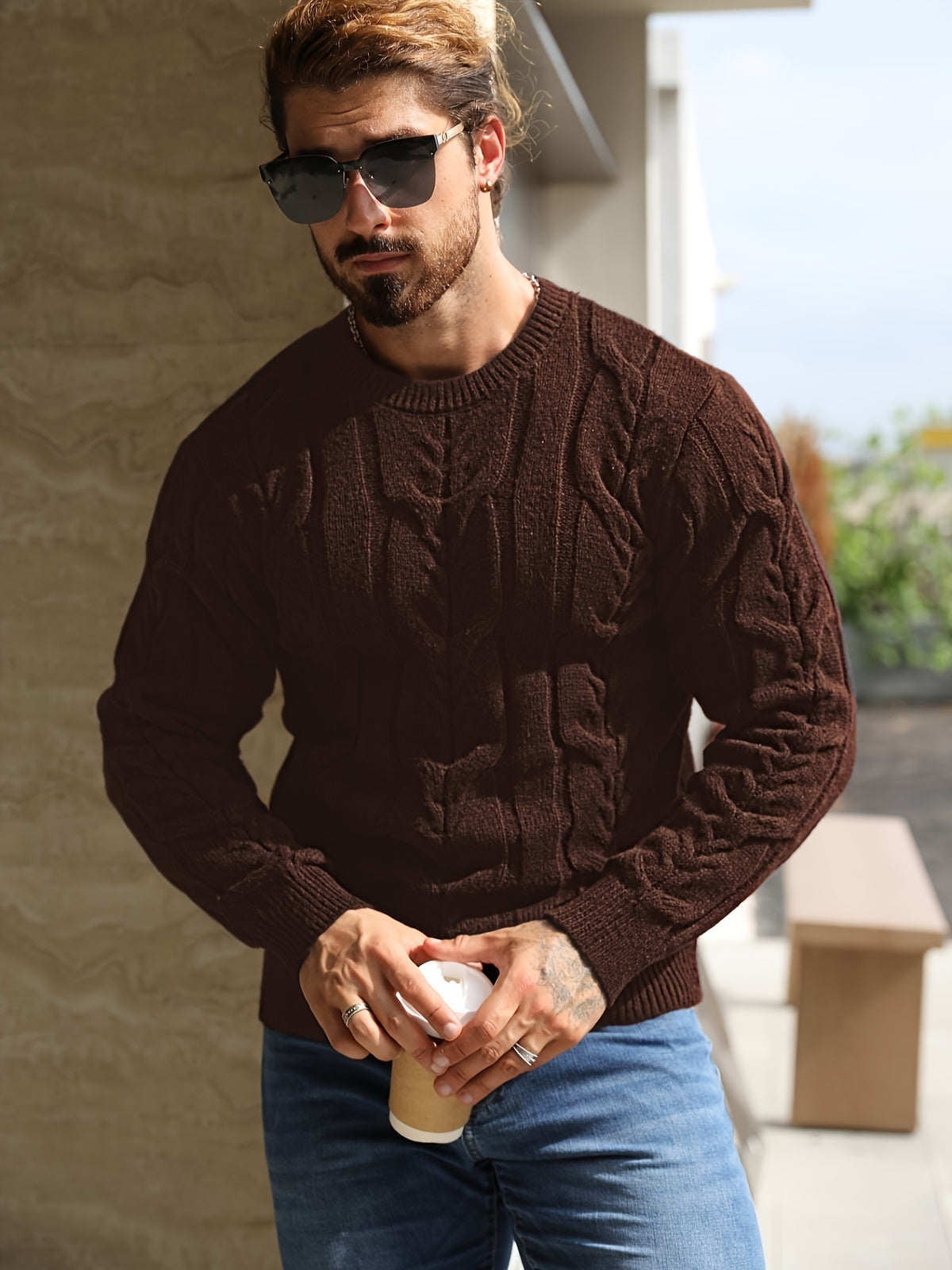 Suéter de punto a rayas para hombre – Suéter suave con cuello redondo y ribete acanalado