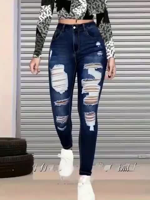 Women’s High Waist Ripped Skinny Jeans – Dark Wash Distressed Denim