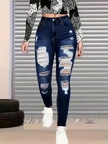 Women’s High Waist Ripped Skinny Jeans – Dark Wash Distressed Denim