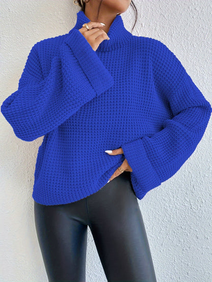 Women’s High-Neck Drop Shoulder Waffle Sweater – Vibrant Blue Knit