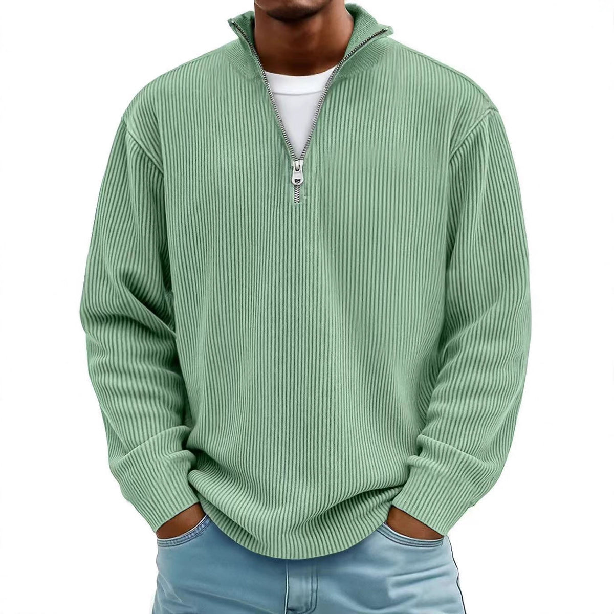 Men’s Corduroy Zip Stand Collar Sweatshirt – Casual Long Sleeve Top