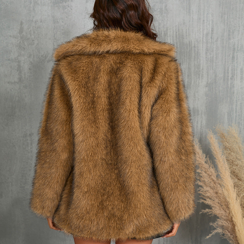 Manteau d'hiver en fausse fourrure moelleuse pour femme – Veste ample à revers