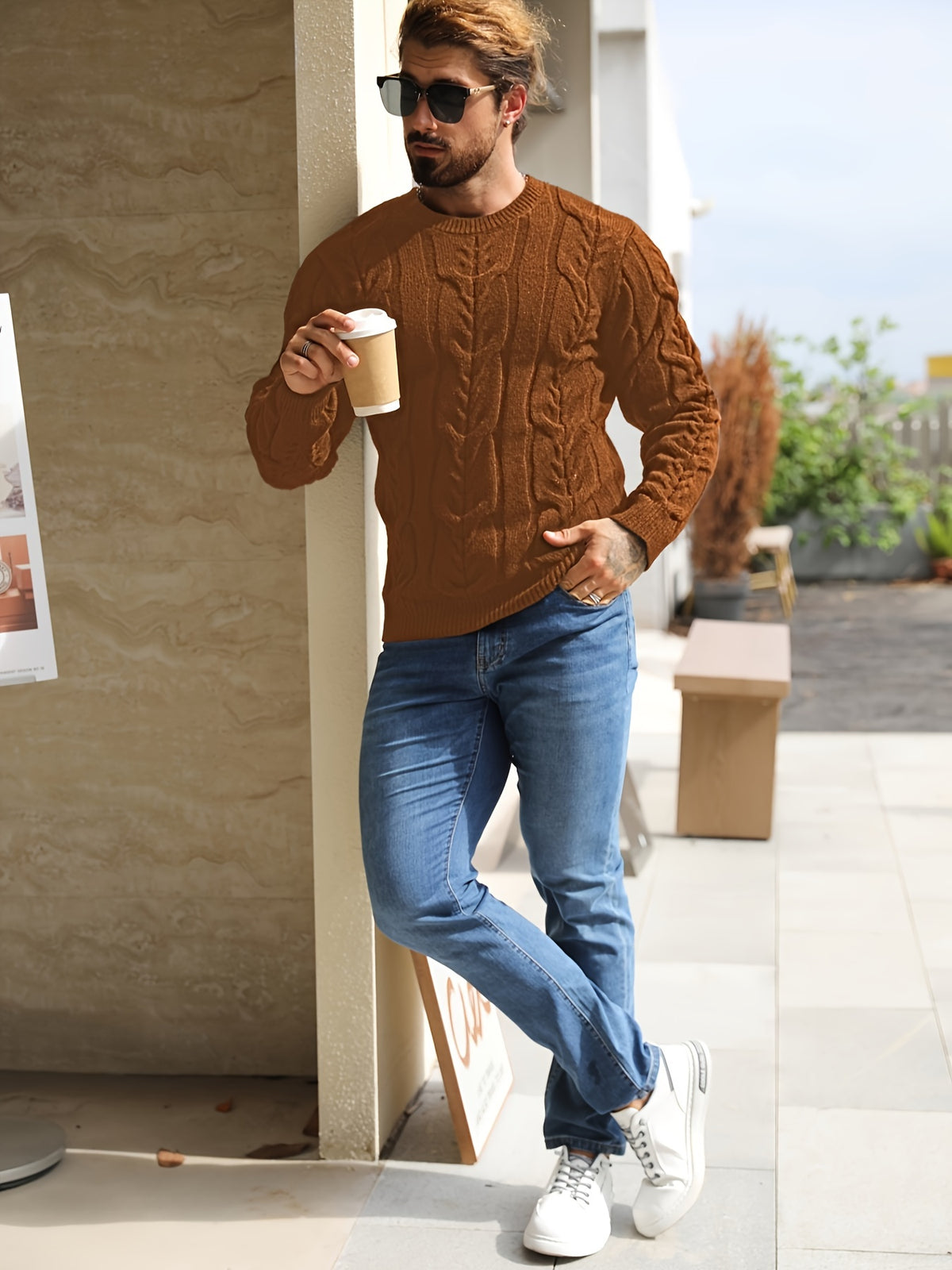 Suéter de punto a rayas para hombre – Suéter suave con cuello redondo y ribete acanalado