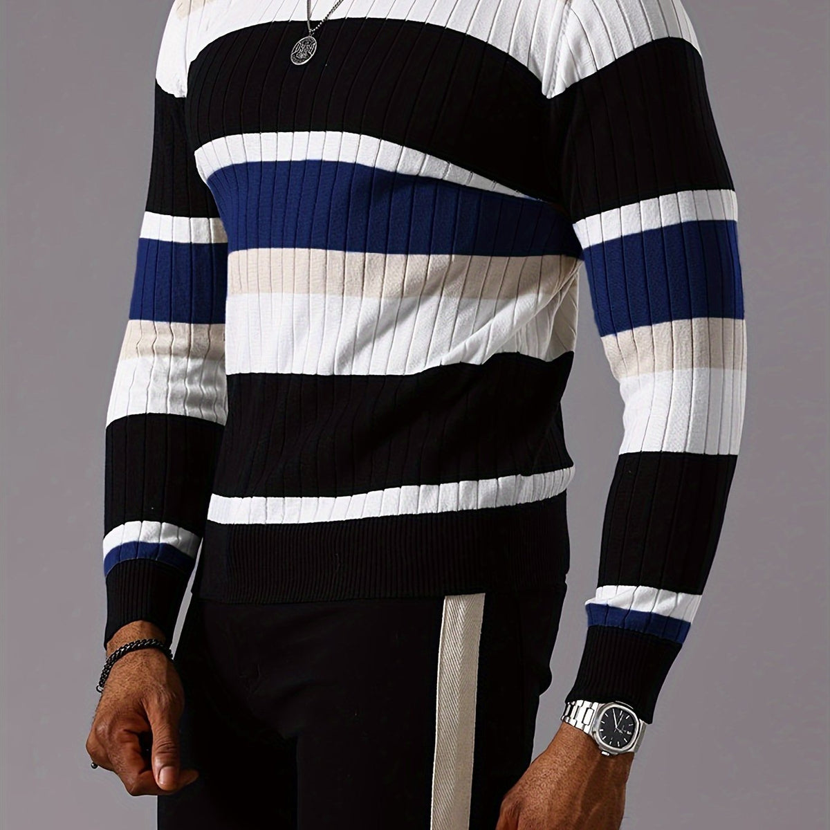 Men’s Striped Ribbed Knit Sweater – Color-Block Fall Winter Pullover