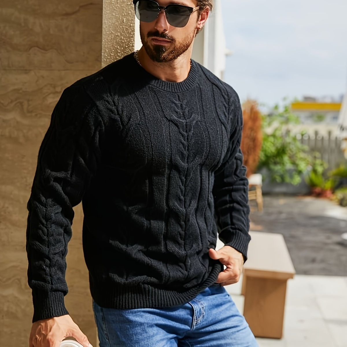 Suéter de punto a rayas para hombre – Suéter suave con cuello redondo y ribete acanalado